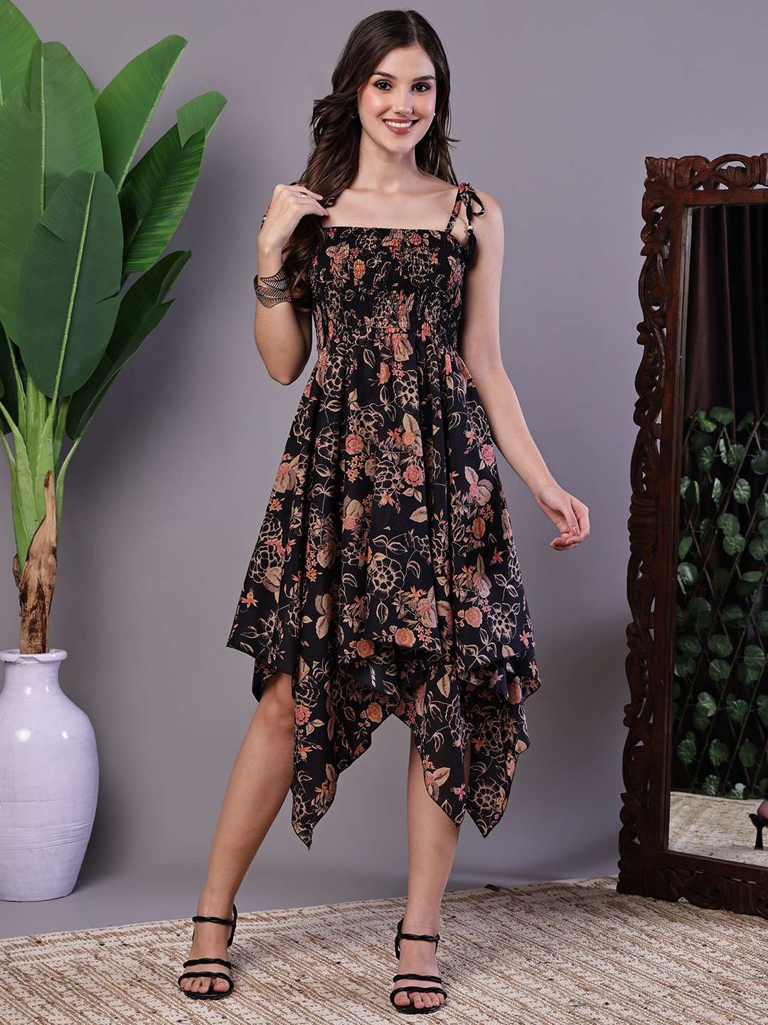 Women's Black Floral Printed Cotton Handkerchief Hem Dress Midi Dresses - XXL