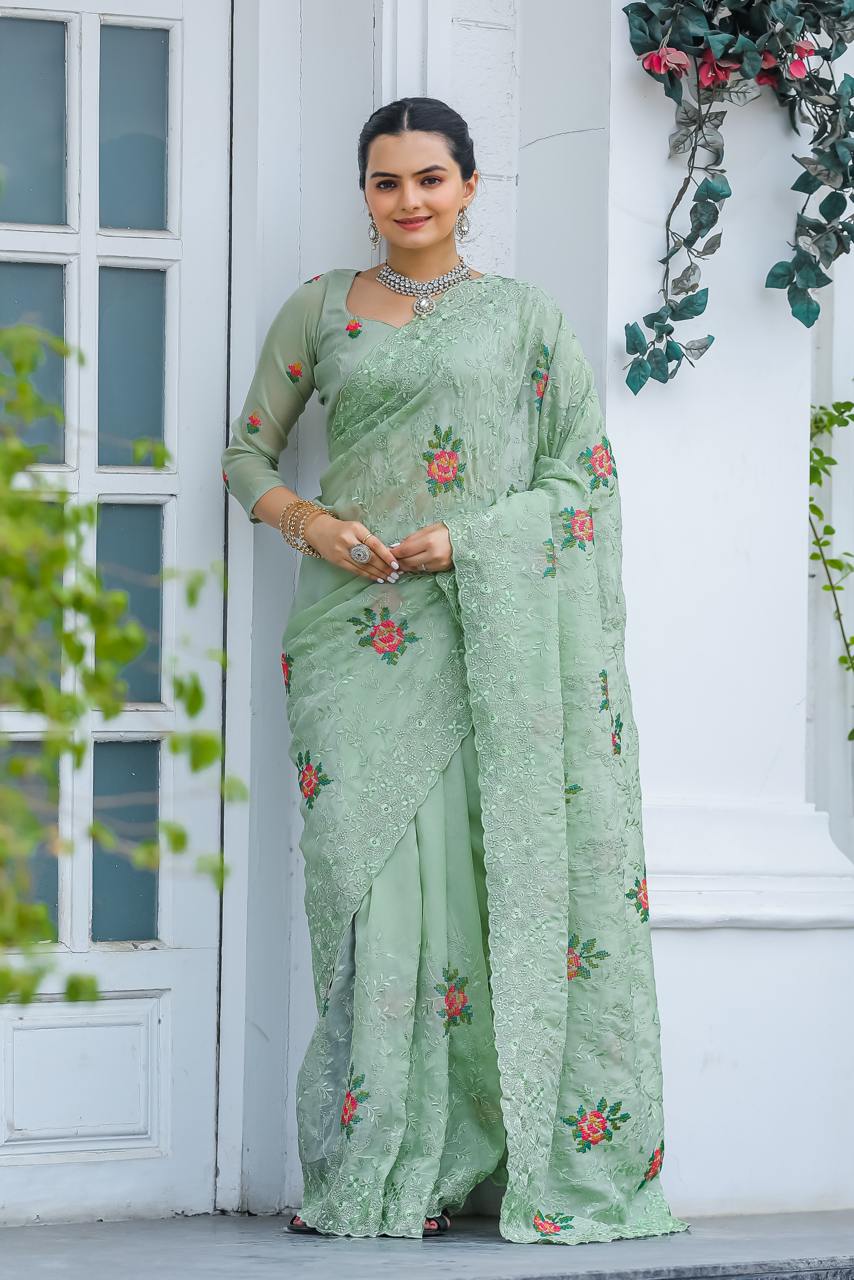 Women's Elegant Sage Green Georgette Saree with Delicate Floral Embroidery & Sequin Work â Perfect for Summer Festivities & Day Events - Light Green/Mint Green