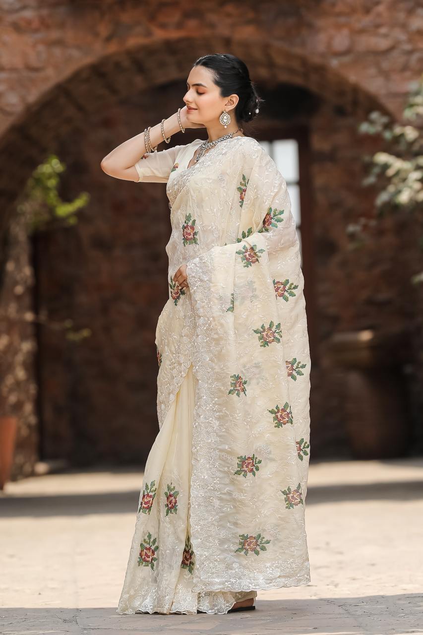 Women's Elegant Sage Green Georgette Saree with Delicate Floral Embroidery & Sequin Work â Perfect for Summer Festivities & Day Events - Cream/Off-White