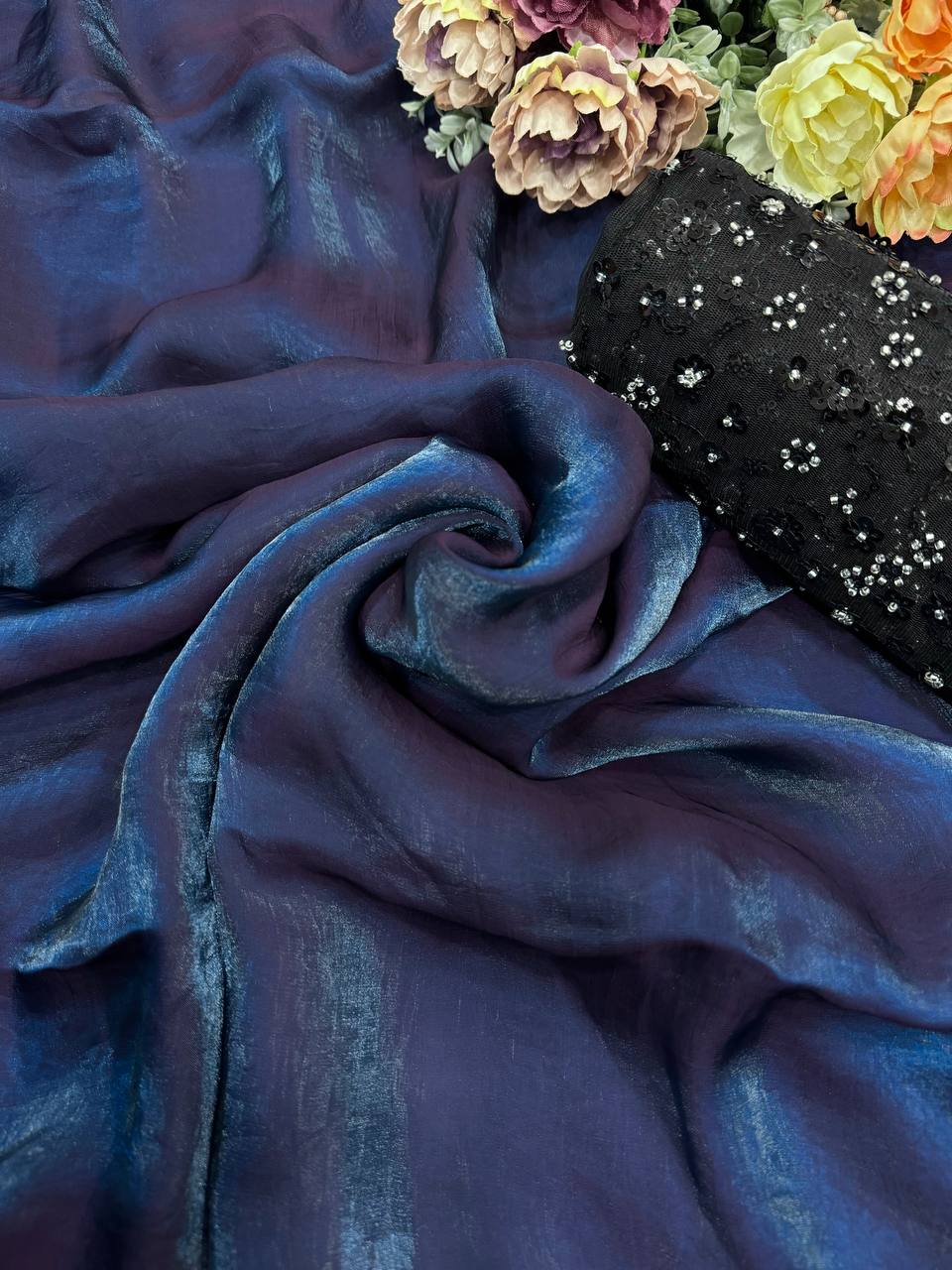 Women's Iridescent Dual-Tone Silk Saree with All-Over Sequin Embellished Blouse Piece - Navy Blue