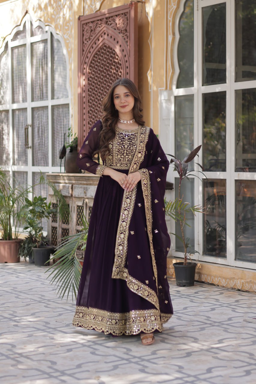 Women's Luxurious Plum Velvet Anarkali Gown with Heavy Gold Zari & Sequin Embroidery â Perfect for Weddings & Grand Festivities - Purple, XXL (44)