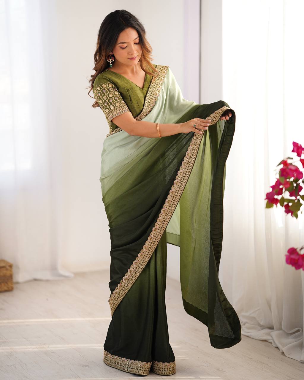 Women's Elegant Ombre Green Georgette Saree with Intricate Golden Zari & Stone Embellishments â Complete with Heavily Worked Blouse for Festive & Wedding Wear - Green Shades