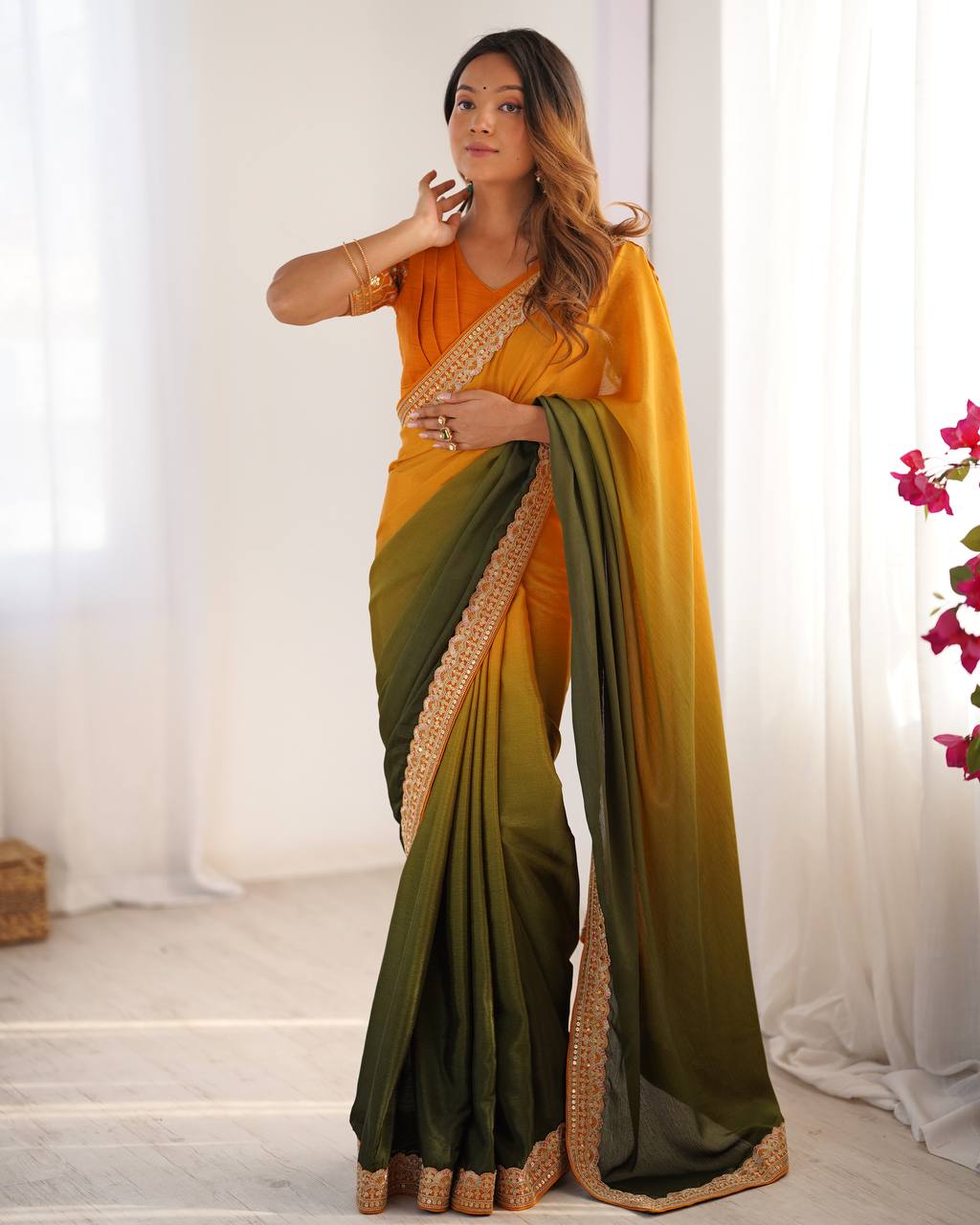 Women's Elegant Ombre Green Georgette Saree with Intricate Golden Zari & Stone Embellishments â Complete with Heavily Worked Blouse for Festive & Wedding Wear - Mustard Yellow and Olive Green