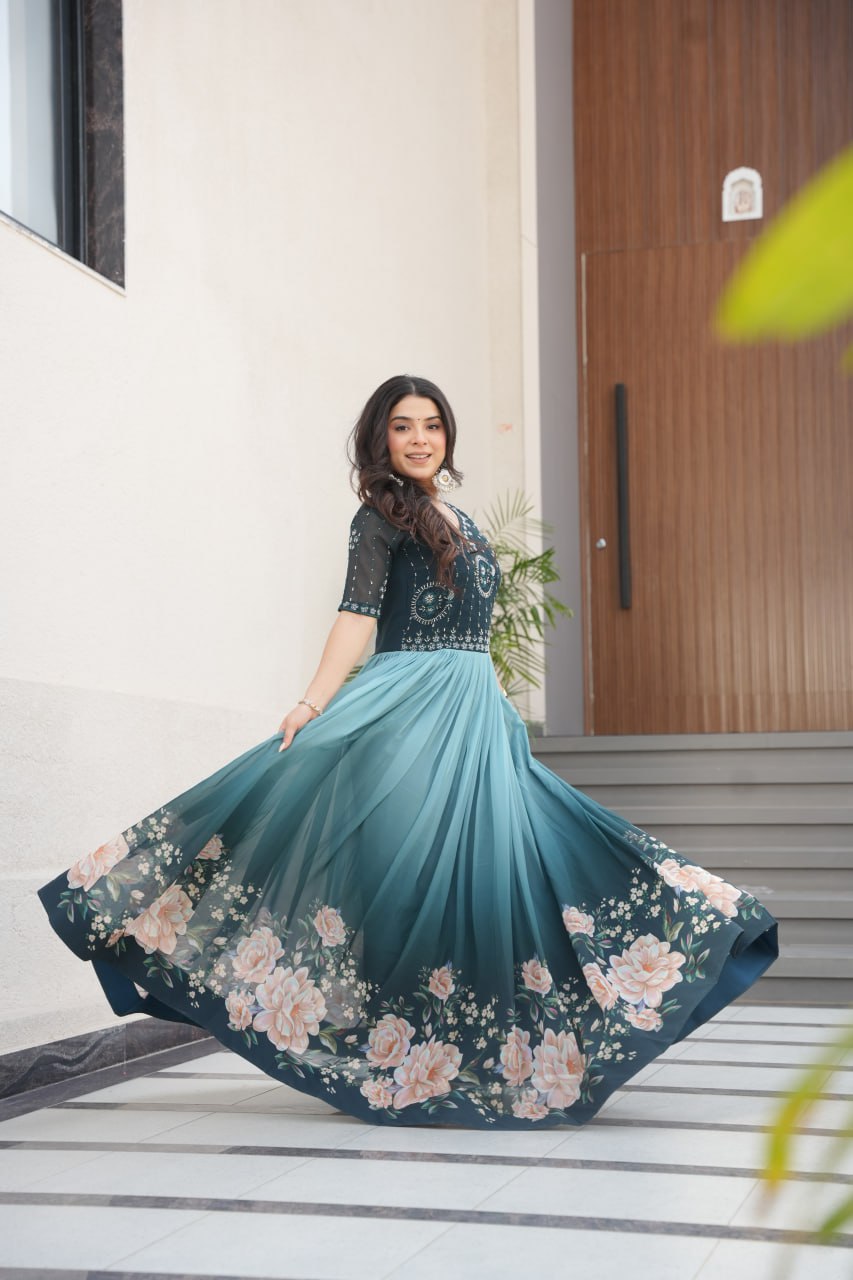 Women's Elegant Teal & Aqua Ombre Gown with Floral Printed Flair & Embellished Bodice â Perfect for Summer Festivities & Parties - Aqua/Light Blue, M (38)