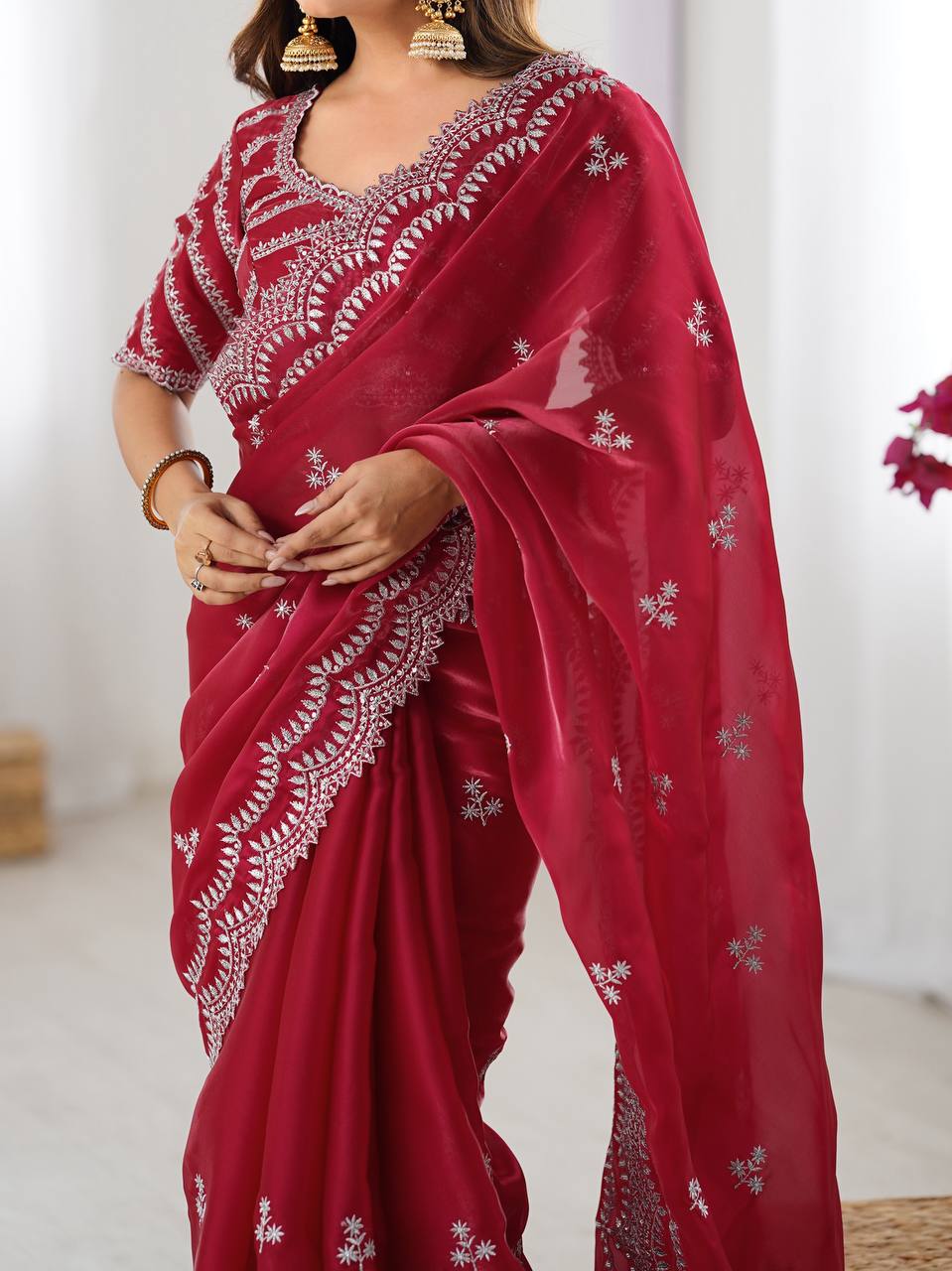 Women's Elegant Regal Purple Georgette Saree with Intricate Silver Thread & Sequin Embroidery â Complete with Embellished Blouse Piece for Festive & Party Wear - Red