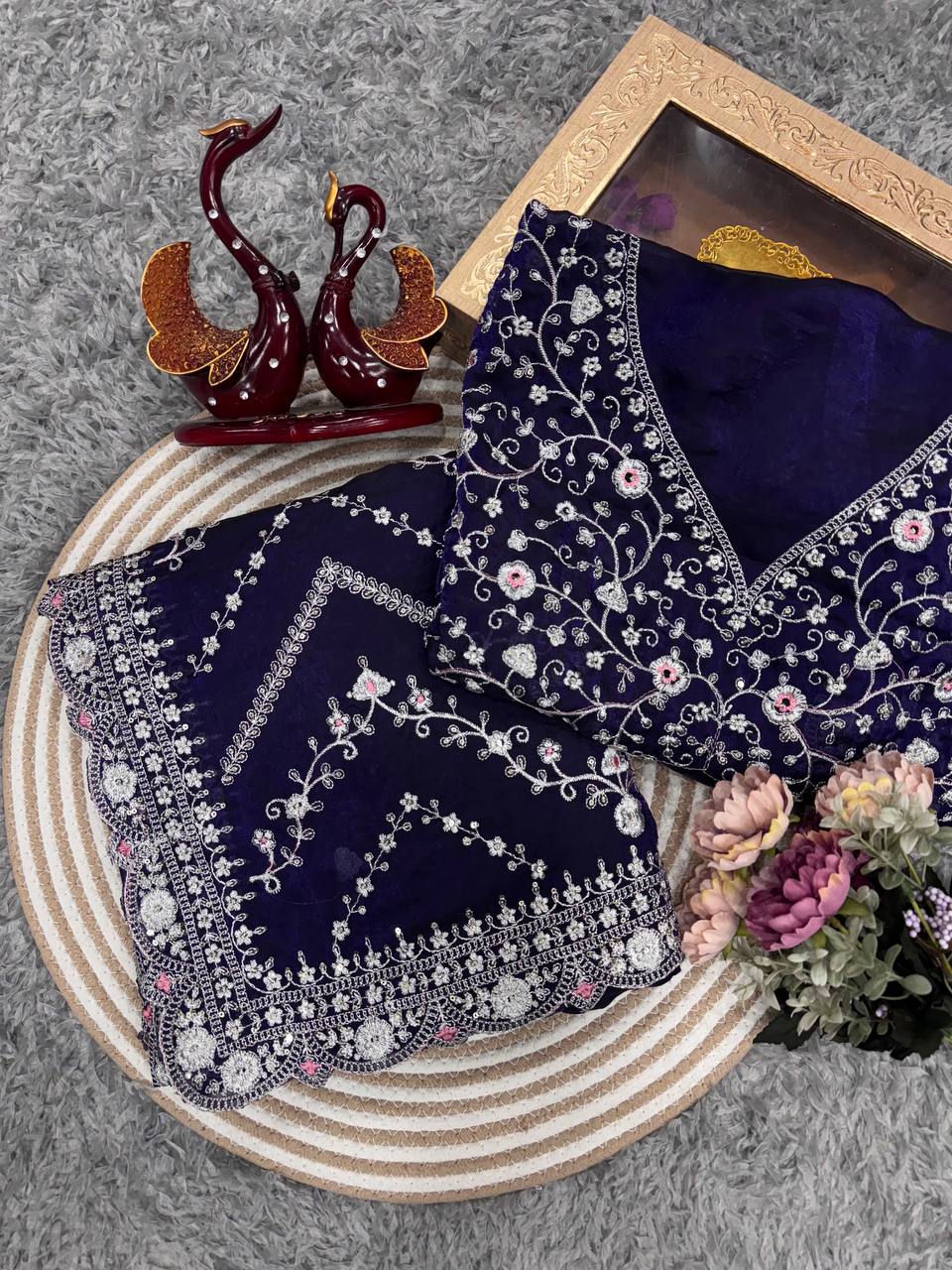 Royal Blue Embroidered Blouse Piece with Intricate Mirror, Sequin & Floral Threadwork â Ready-to-Stitch Fabric for Sarees & Festive Ethnic Wear - Navy Blue