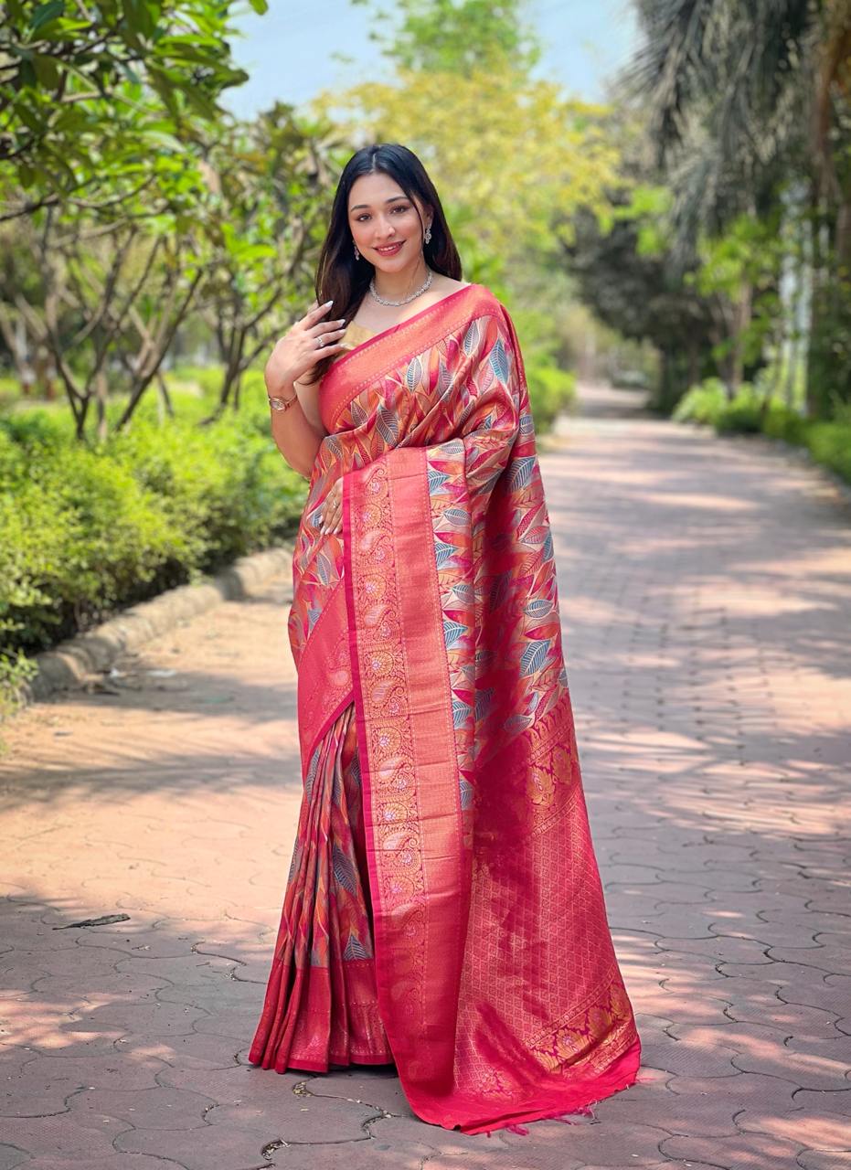 Women's Luxurious Pista Green & Pink Art Silk Saree with Intricate Leaf Weave & Broad Zari Border â Ideal for Festive & Wedding Occasions - Red/Pink