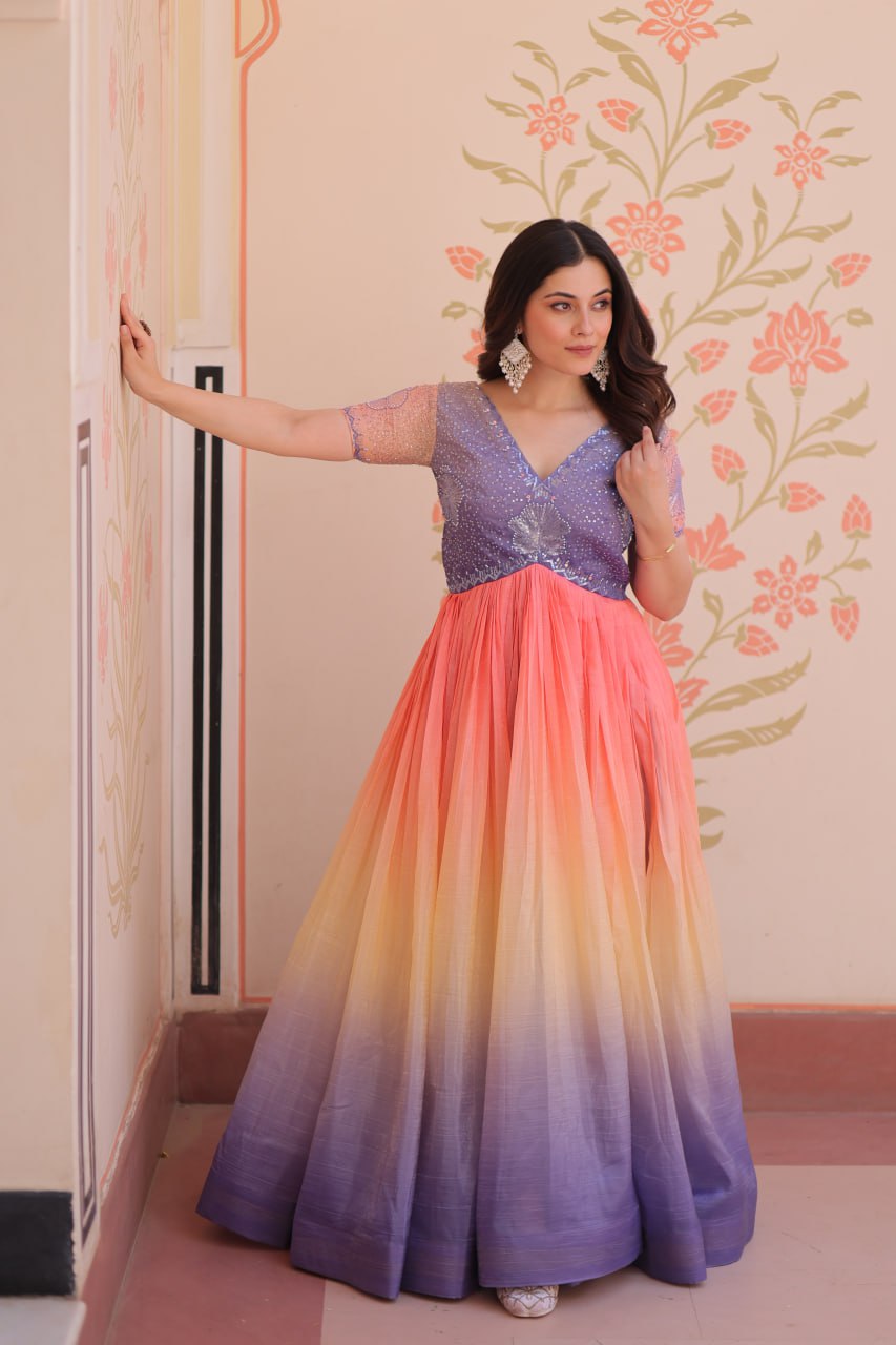 Women's Dual-Tone Ombre Gown in Candy Pink & Aqua Green with Embroidered Bodice â Festive & Contemporary Wear - Lavender/Light Purple, L (40)