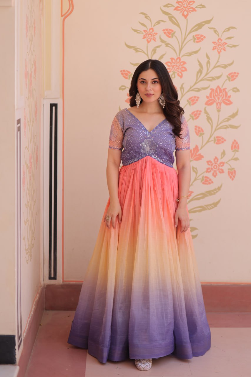 Women's Dual-Tone Ombre Gown in Candy Pink & Aqua Green with Embroidered Bodice â Festive & Contemporary Wear - Lavender/Light Purple, XL (42)
