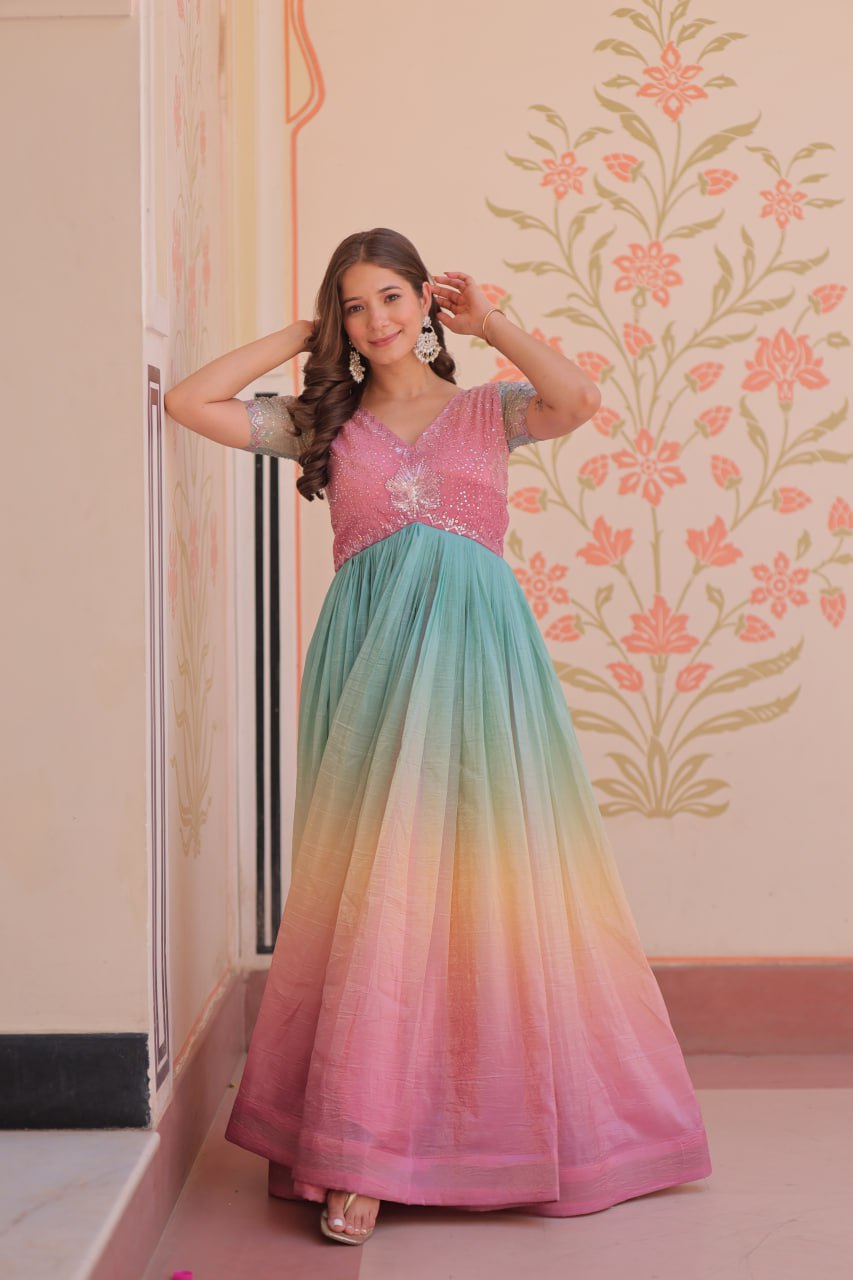 Women's Dual-Tone Ombre Gown in Candy Pink & Aqua Green with Embroidered Bodice â Festive & Contemporary Wear - Light And Aqua, XL (42)