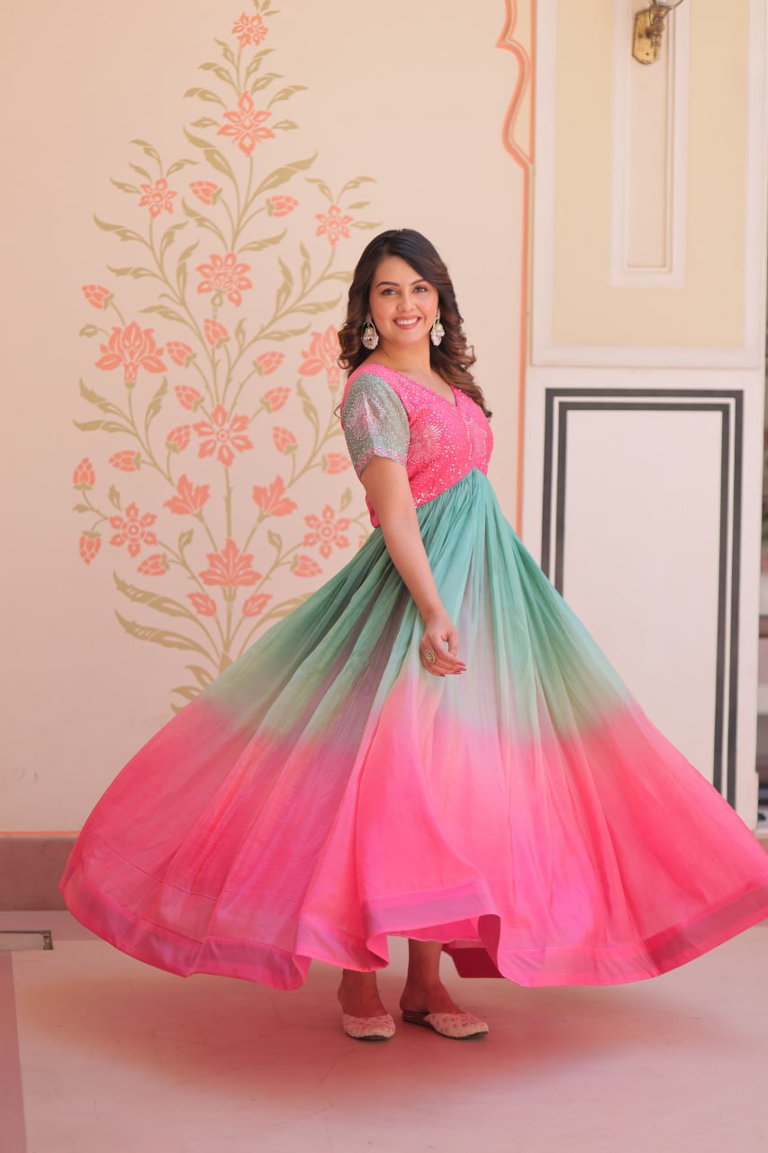 Women's Dual-Tone Ombre Gown in Candy Pink & Aqua Green with Embroidered Bodice â Festive & Contemporary Wear