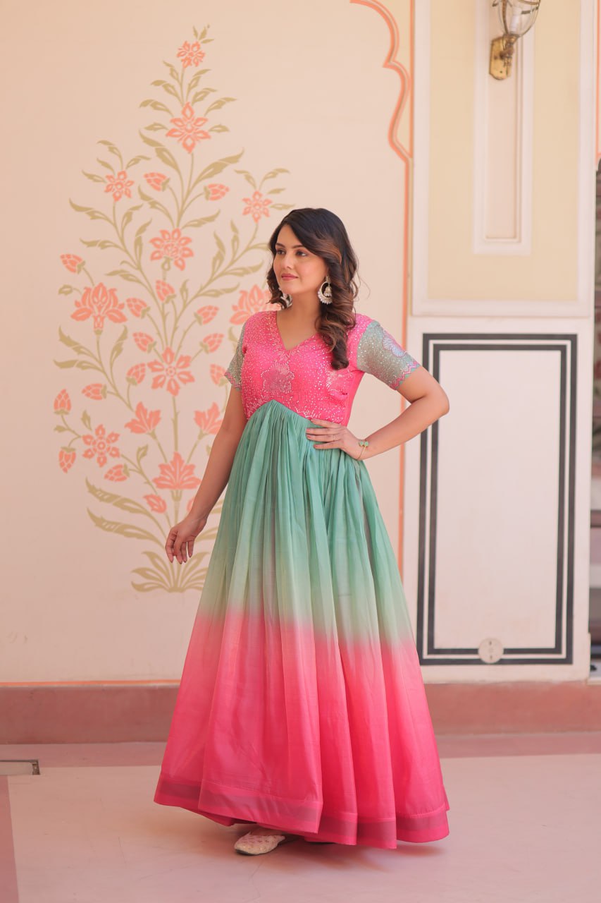 Women's Dual-Tone Ombre Gown in Candy Pink & Aqua Green with Embroidered Bodice â Festive & Contemporary Wear - Pink And Teal/Mint Green, XL (42)