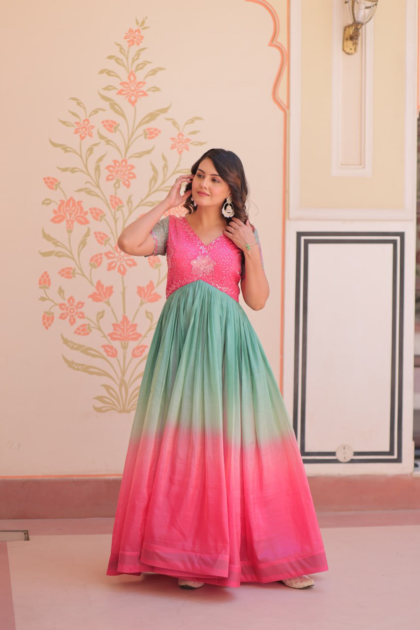 Women's Dual-Tone Ombre Gown in Candy Pink & Aqua Green with Embroidered Bodice â Festive & Contemporary Wear - Pink And Teal/Mint Green, M (38)
