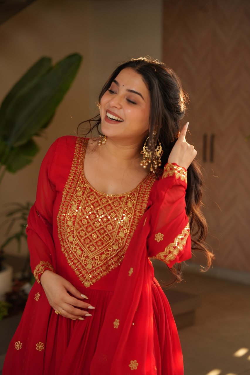 Women's Radiant Red Anarkali Suit Set with Golden Zari & Sequin Embroidery â Perfect for Festive & Wedding Occasions