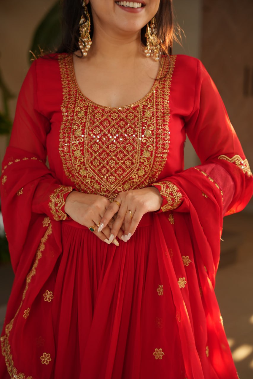 Women's Radiant Red Anarkali Suit Set with Golden Zari & Sequin Embroidery â Perfect for Festive & Wedding Occasions - Red, M (38)