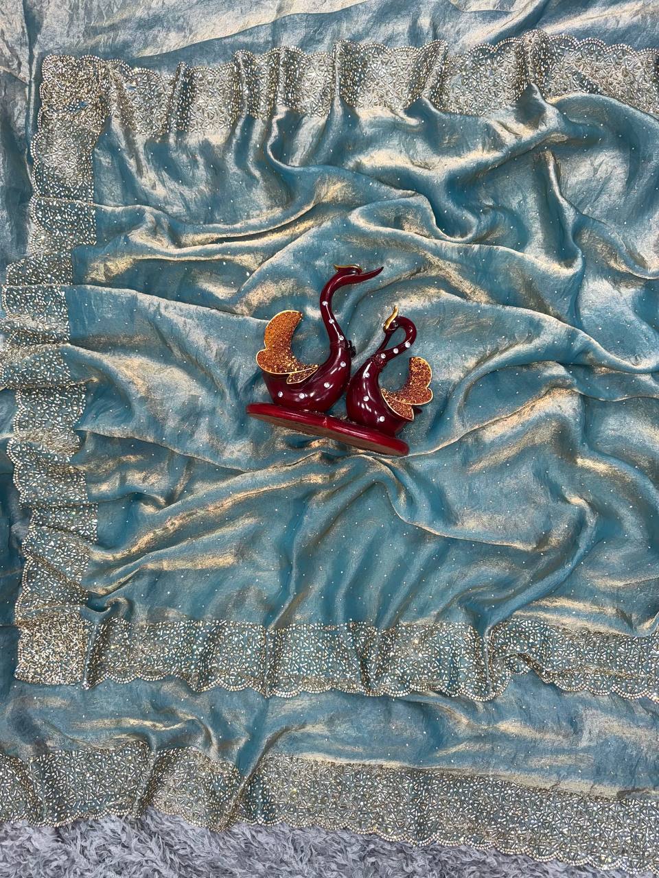 Women's Shimmering Ice Blue Georgette Saree with All-Over Diamond & Sequin Embellishments â Complete with Heavily Worked Border for Festive & Wedding Wear - Light Blue/Sky Blue.