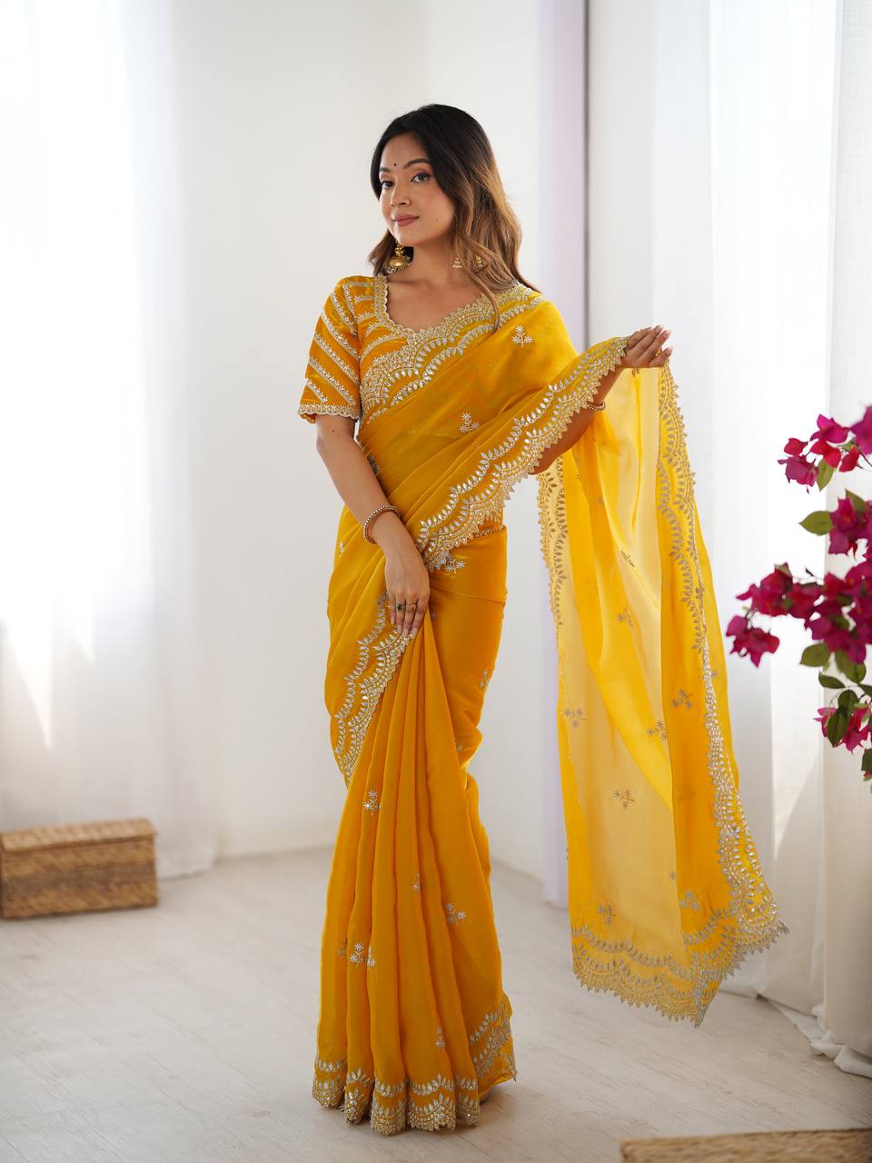 Women's Elegant Regal Purple Georgette Saree with Intricate Silver Thread & Sequin Embroidery â Complete with Embellished Blouse Piece for Festive & Party Wear - Yellow