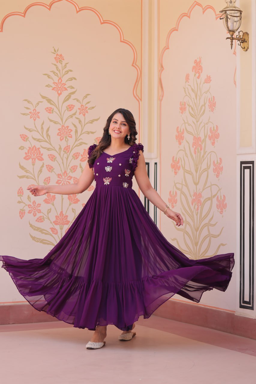 Women's Elegant Plum Purple Georgette Anarkali Gown with Butterfly Applique & Ruffle Sleeves â Festive & Special Occasion Wear