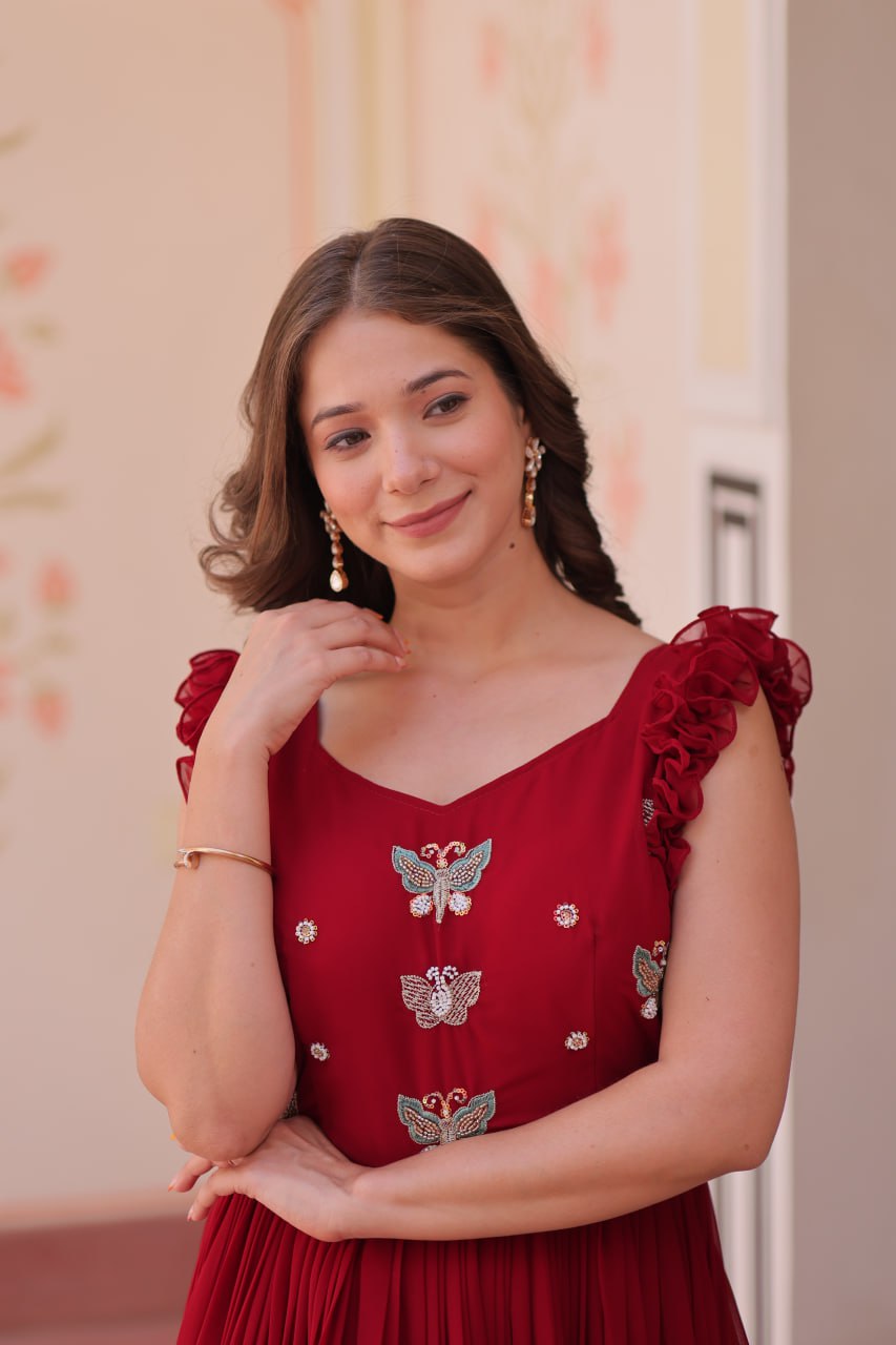 Women's Elegant Plum Purple Georgette Anarkali Gown with Butterfly Applique & Ruffle Sleeves â Festive & Special Occasion Wear - Maroon, L (40)