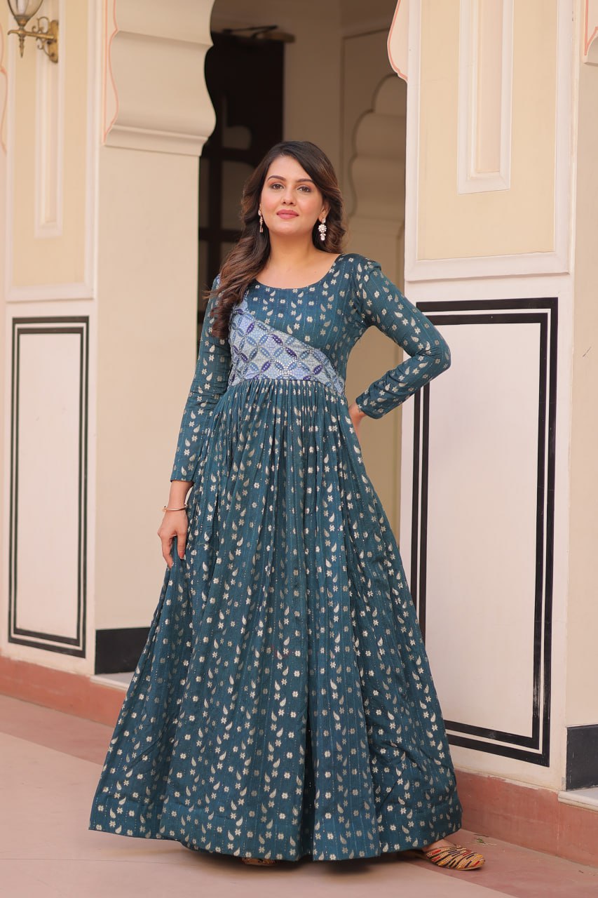 Women's Festive Berry Purple Printed Anarkali Gown with Intricate Zari Work & Embellished Yoke â Perfect for Traditional & Celebration Wear - Bluish-Green, XXL (44)