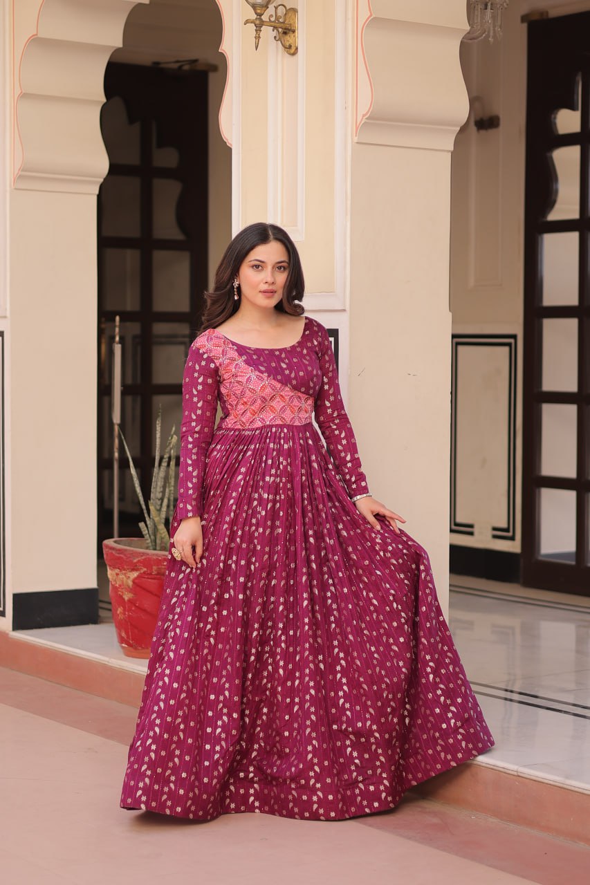 Women's Festive Berry Purple Printed Anarkali Gown with Intricate Zari Work & Embellished Yoke â Perfect for Traditional & Celebration Wear - Deep Magenta, L (40)