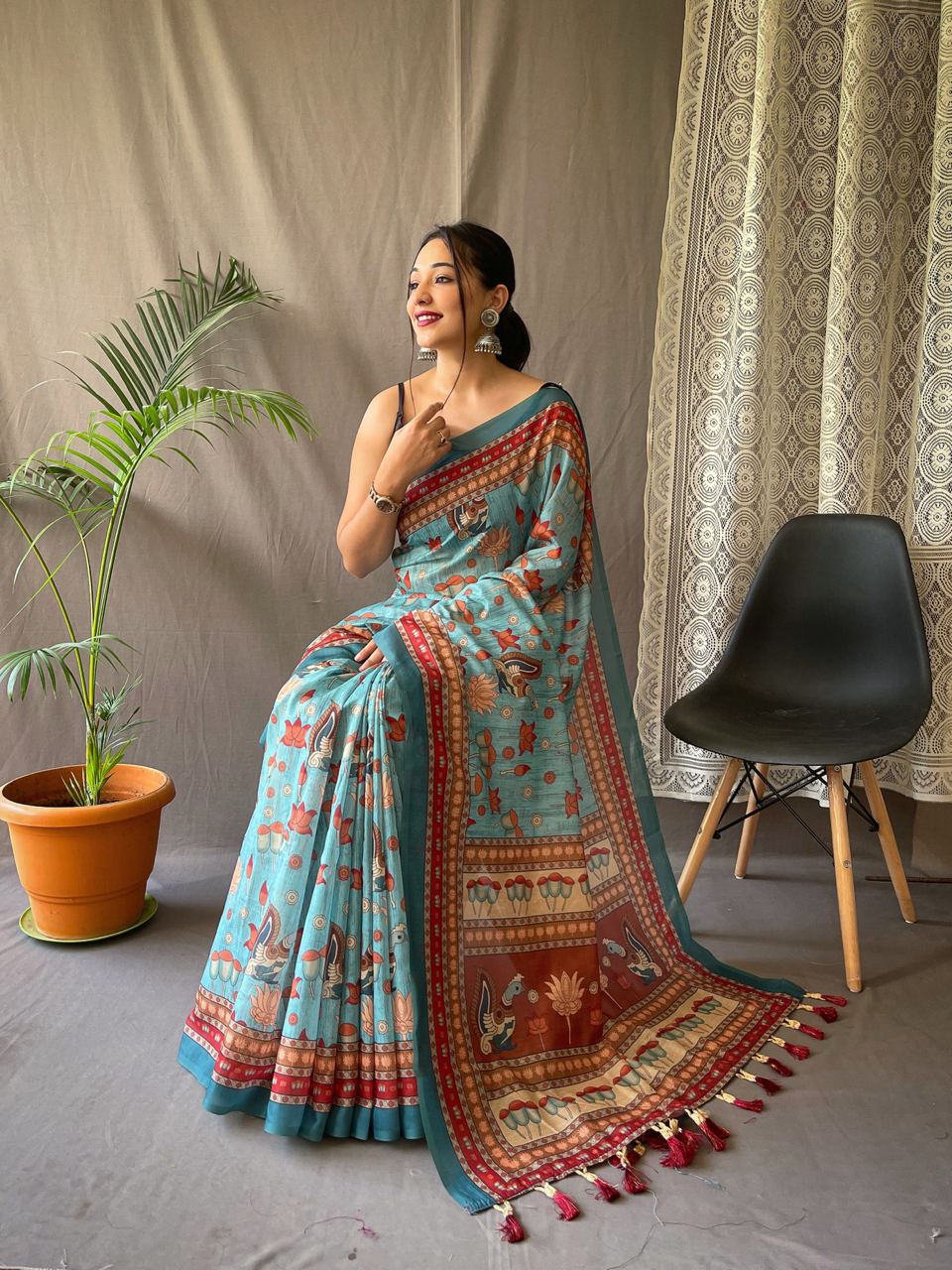 Women's Artistic Terracotta Orange Linen Saree with Kalamkari Inspired Print & Tassel Detailing â Perfect for Casual Festivities & Cultural Events - Teal Blue