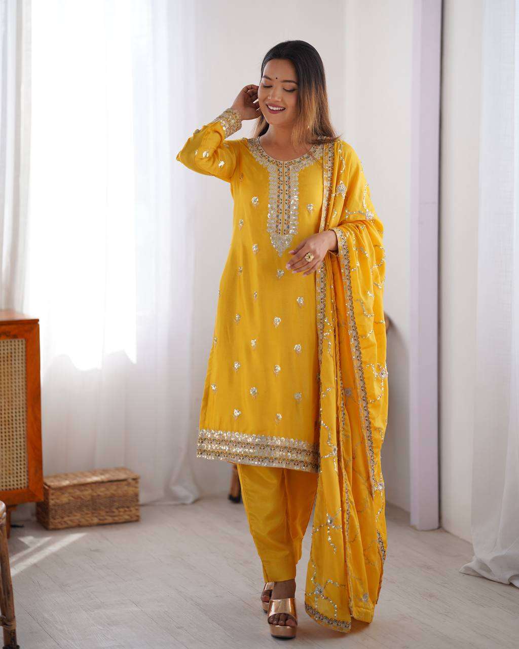 Women's Chinon Silk Embroidered Straight Kurti with Pant And Dupatta Set - Yellow, XL