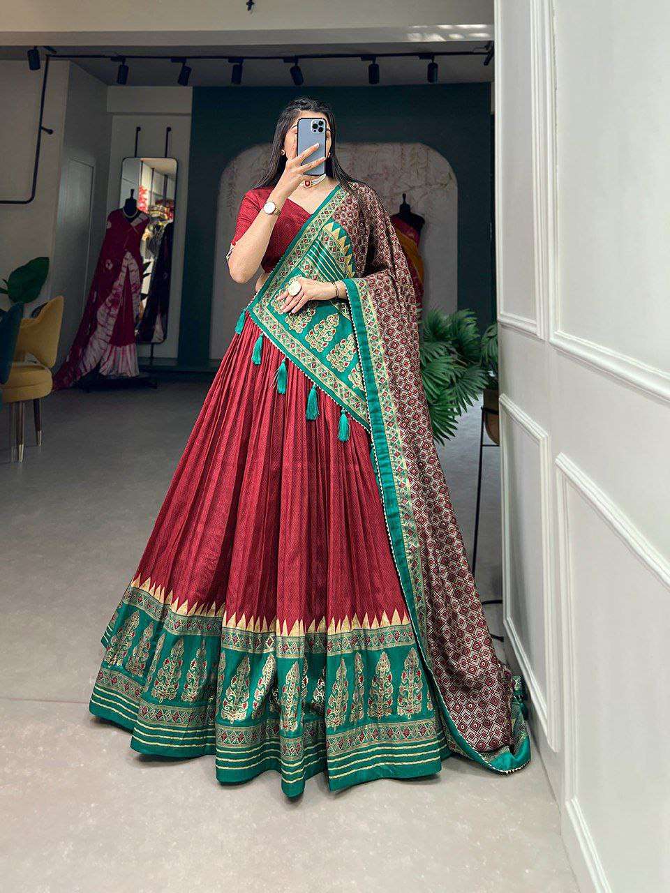 Women's Stitched Ethnic Lehenga Choli with Zari Border and Contrast Dupatta - Maroon