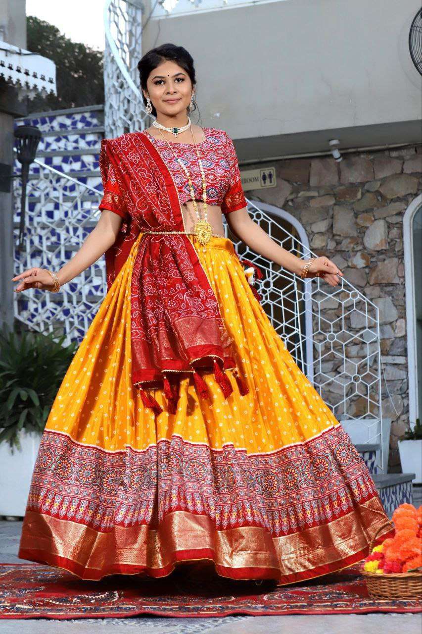 Women's Traditional Bandhani Ghagra Choli with Dupatta ? Navratri & Festive Wear - Yellow