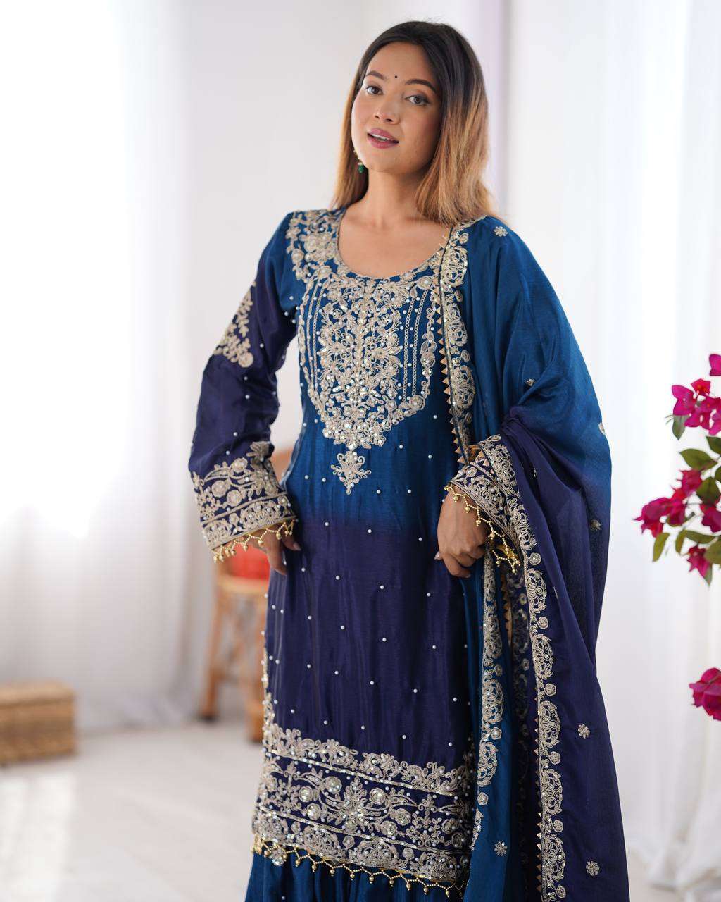 Women's Chinon Silk Sequence With Rivet Moti Work Straight Kurta With Sharara and Dupatta Set - Blue, L