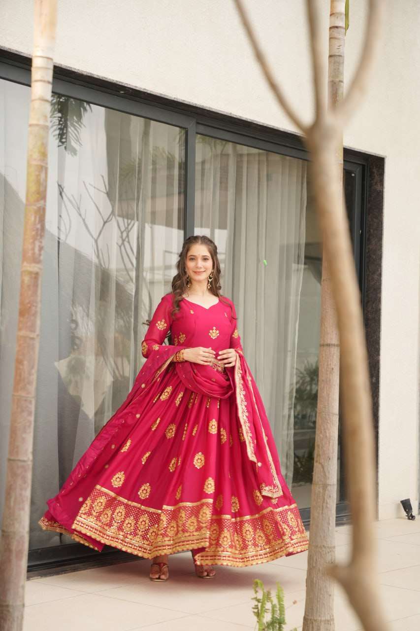 Womenâs Ethnic Anarkali Style Floor-Length Gown in Magenta with Golden Zari Embroidery â Festive & Wedding Wear - Dark Pink, L (40)