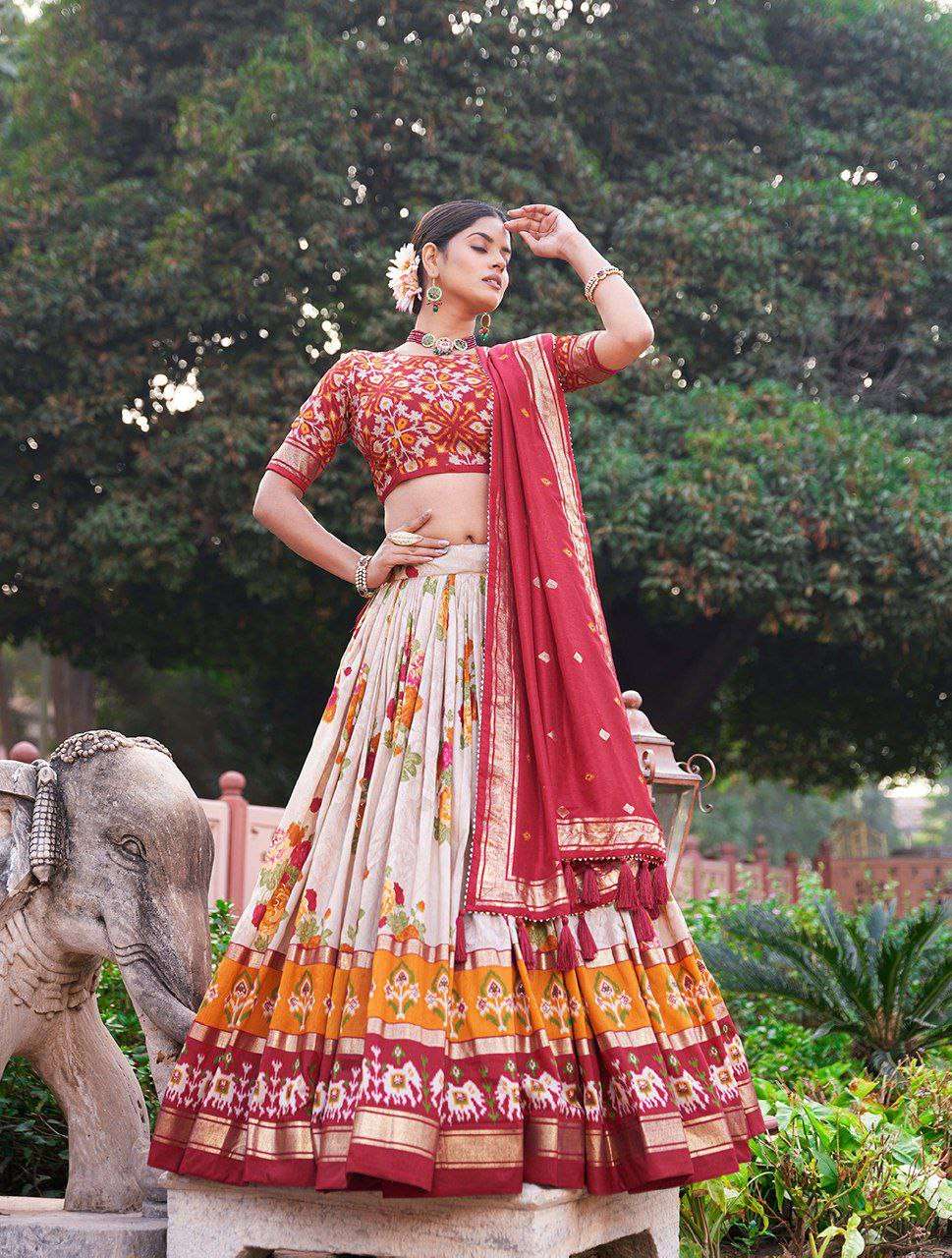 Women's Patola Print Tussar Silk Lehenga Choli Dupatta Set - Red