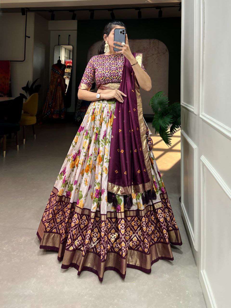 Women's Luxurious Tussar Silk Lehenga Choli with Intricate Prints & Can-Can Flair - Purple