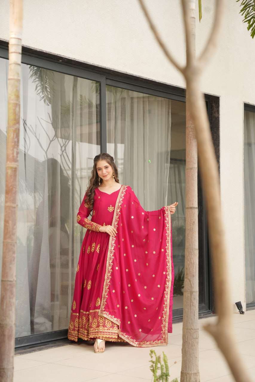 Womenâs Ethnic Anarkali Style Floor-Length Gown in Magenta with Golden Zari Embroidery â Festive & Wedding Wear - Dark Pink, XXL (44)