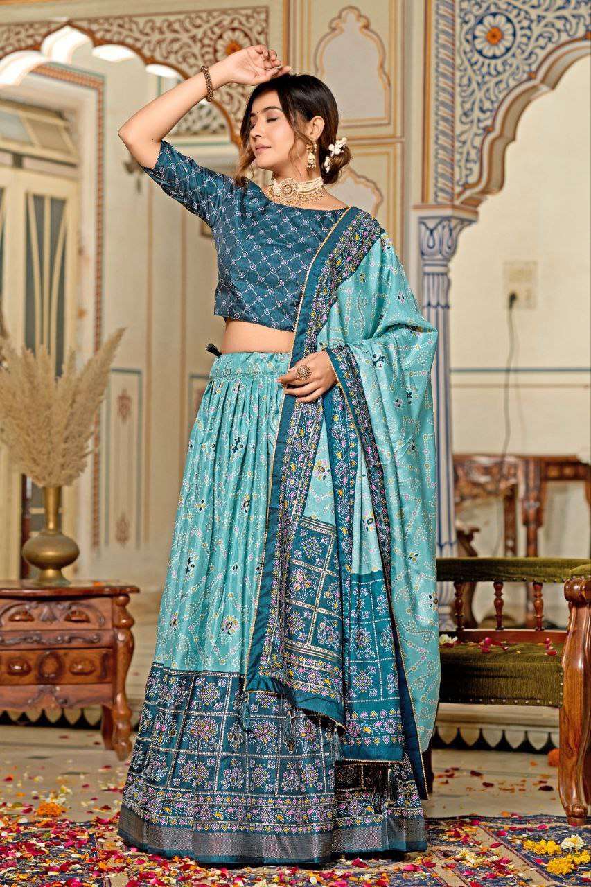 Women's Tussar Silk Patola Print Lehenga Choli Dupatta Set - Blue