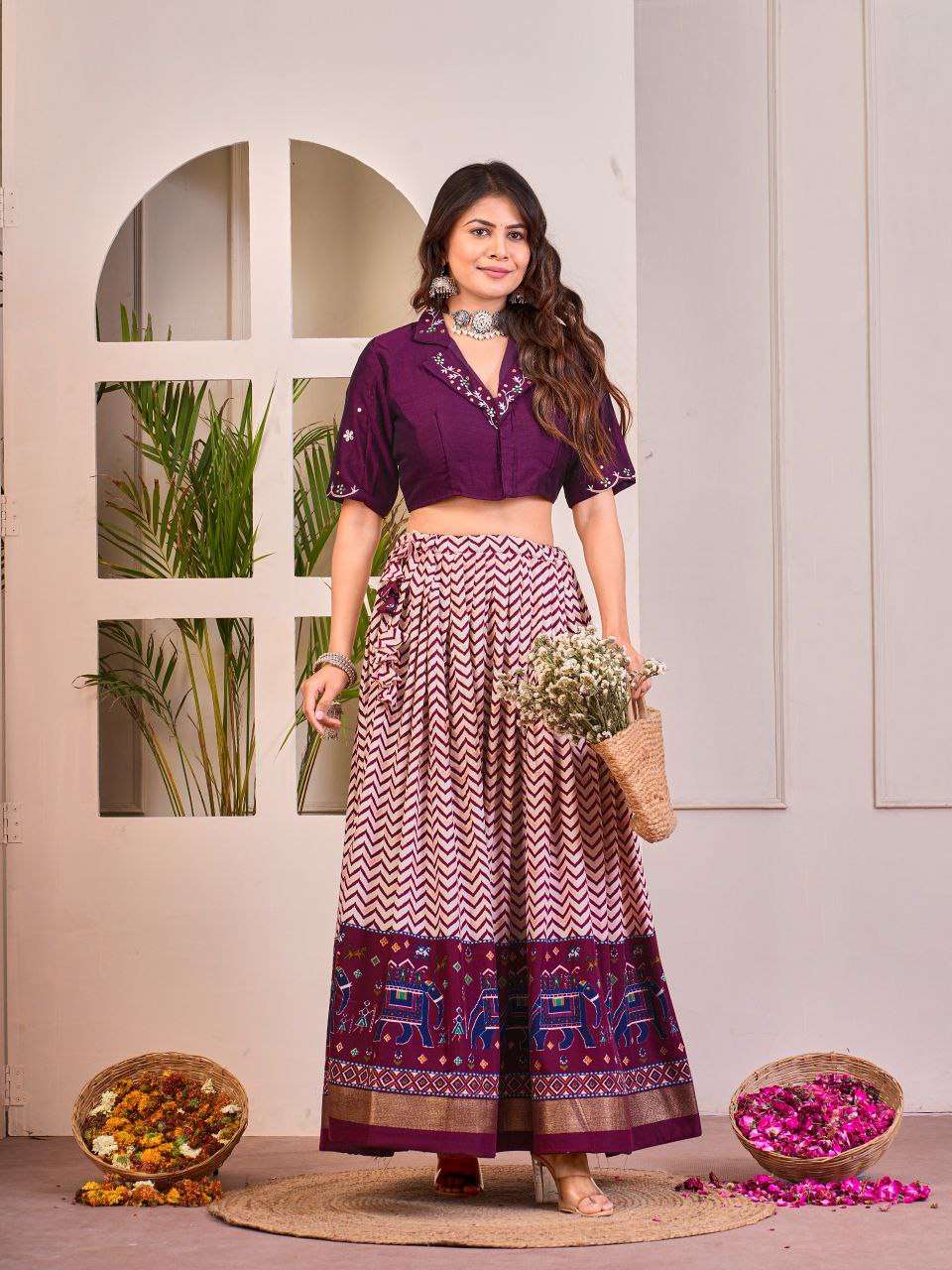 Women's Tussar Silk Patola Print Lehenga Choli Set with Foil Work - Purple