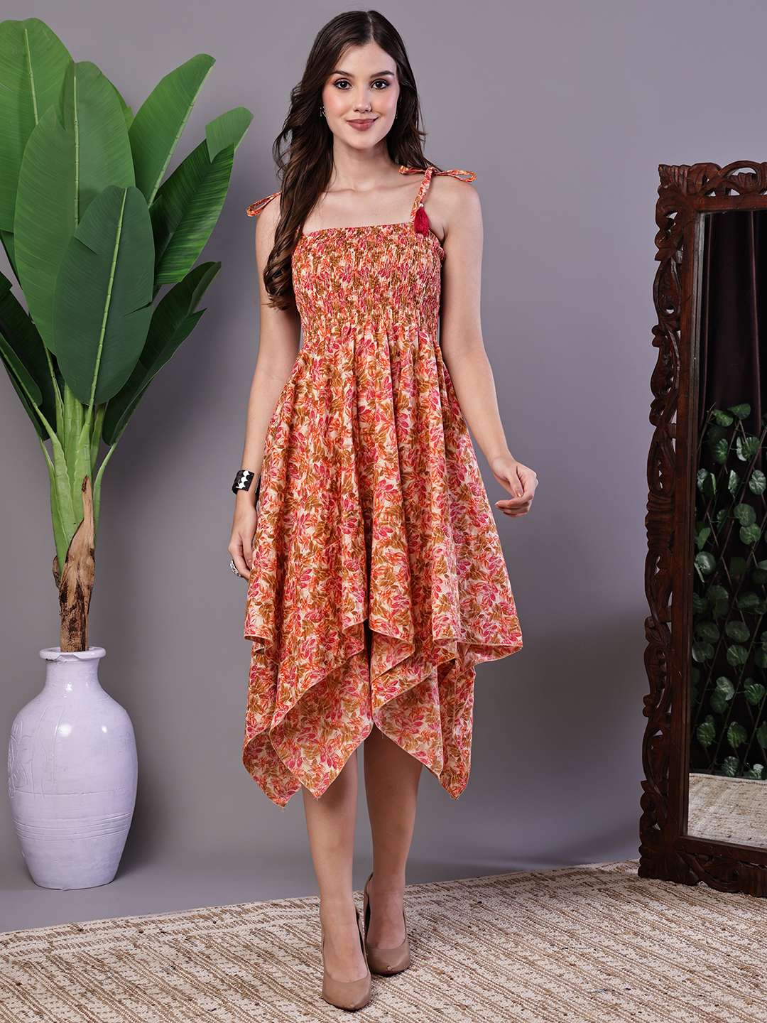 Women's MultiColor Floral Printed Cotton Handkerchief Hem Dress Midi Dresses - XXL