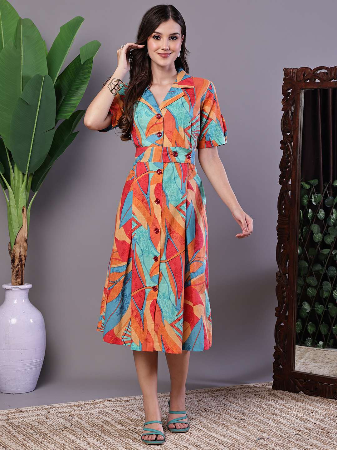Women's Tropical Print Button-Down Cotton Midi Dress - XXL