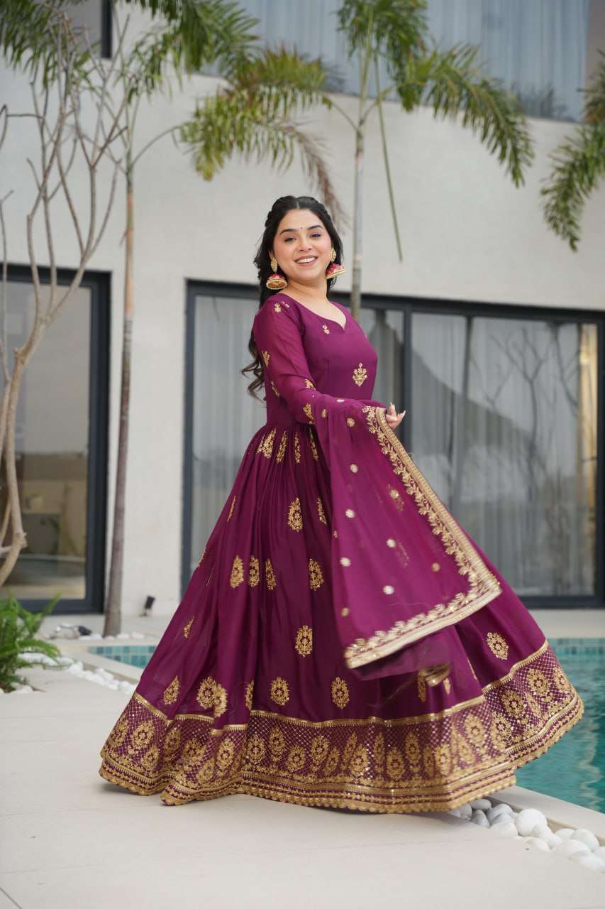 Womenâs Ethnic Anarkali Style Floor-Length Gown in Magenta with Golden Zari Embroidery â Festive & Wedding Wear - Wine Purple, XL (42)