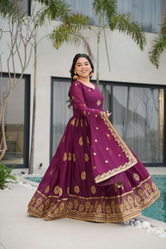 Womenâs Ethnic Anarkali Style Floor-Length Gown in Magenta with Golden Zari Embroidery â Festive & Wedding Wear - Wine Purple, XL (42)