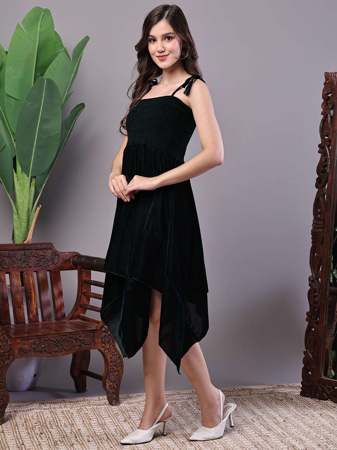 Women's Bottle Green Junglee Pattern Velvet Handkerchief Hem Dress Midi Dresses - XXL
