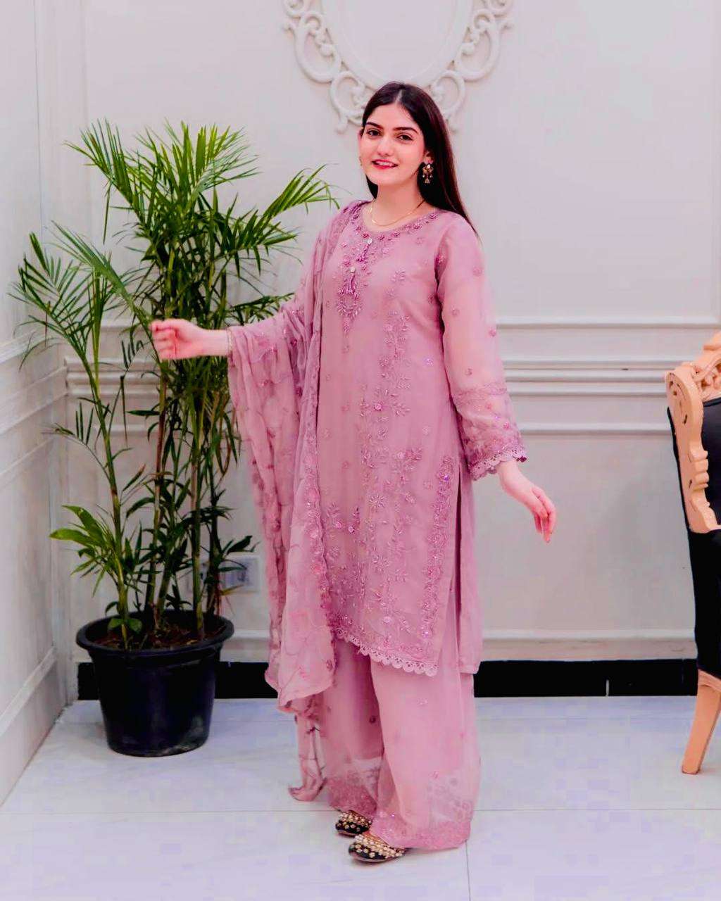 Women's Faux Georgette Embroidery work Straight Kurti With Pant and Dupatta Set - Onion Pink, XXL