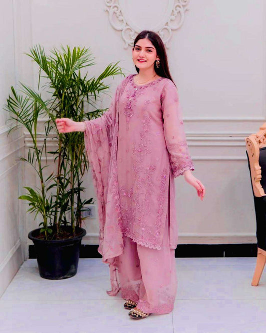 Women's Faux Georgette Embroidery work Straight Kurti With Pant and Dupatta Set - Onion Pink, XXL