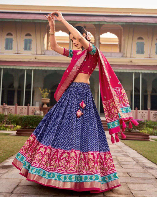 Women's Traditional Printed Lehenga Choli Set with Embroidered Dupatta ? Festive Wear - Navy Blue