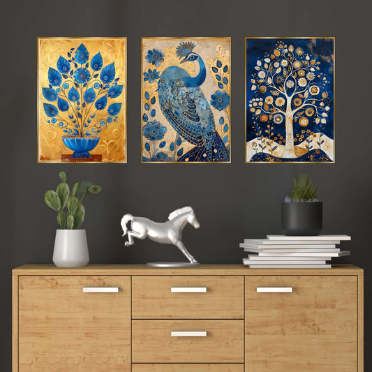 Set of Three Wall Paintings for Wall Dacoration Golden Framed Wall Paintings for Living Room & Bedroom Wall Art for Home Decoration & Office Wall DÃ©cor (18x12 inch CH-GD3-14)