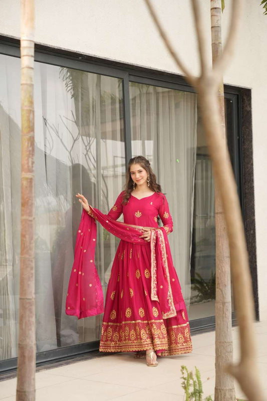 Womenâs Ethnic Anarkali Style Floor-Length Gown in Magenta with Golden Zari Embroidery â Festive & Wedding Wear - Dark Pink, M (38)