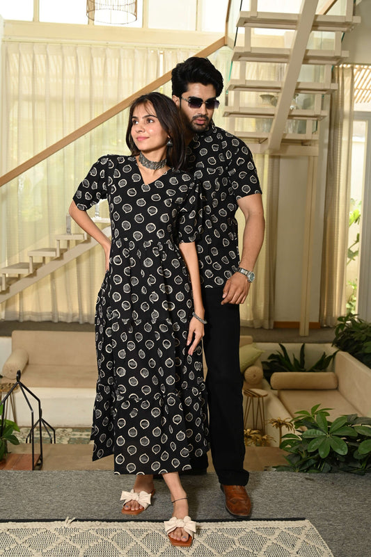 Couple Matching Black Cotton Anarkali Midi Dress and Shirt Set ? Vertical Vine Block Print