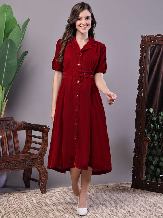 Women's Maroon Velvet Solid Printed Shirt Midi Dress with Belt - XXL