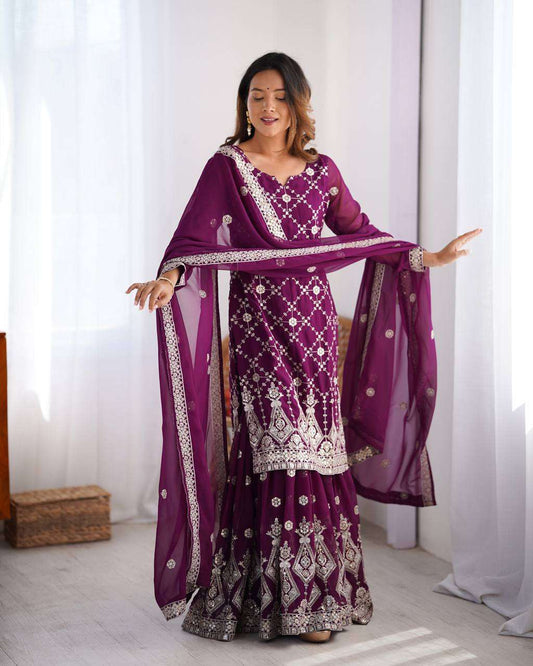 Women's Georgette Embroidery Work Straight Kurta With Sharara Suit and Dupatta Set - Wine, M