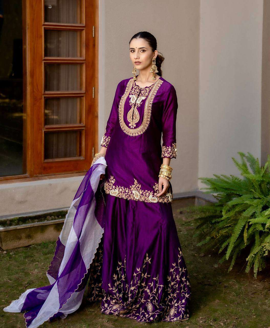 Women's Chinon Silk Sequence Embroidery Work Straight Kurti With Sharara Suit and Dupatta Set - Wine, M